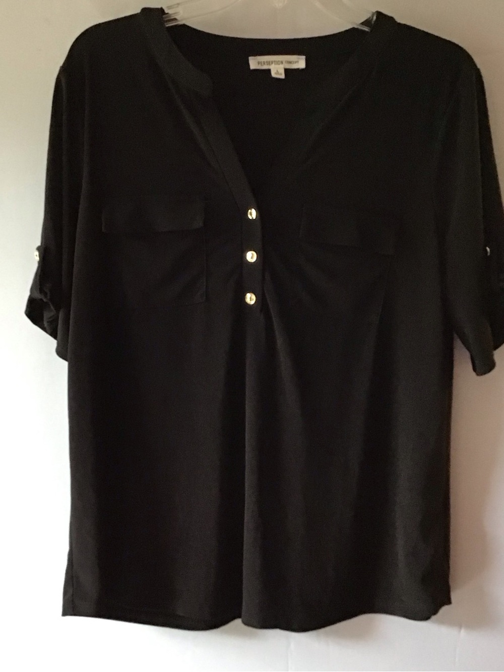 368 PerSeption Concept Black Button-Front V-Neck Blouse